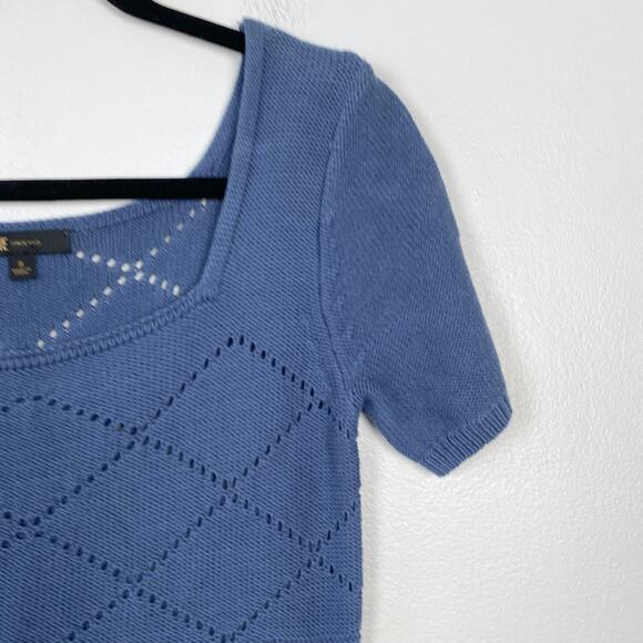 FRYE Blue Square Neck Knit Blouse Geometric Short‎ Sleeve Stretch Size Medium - Picture 4 of 7